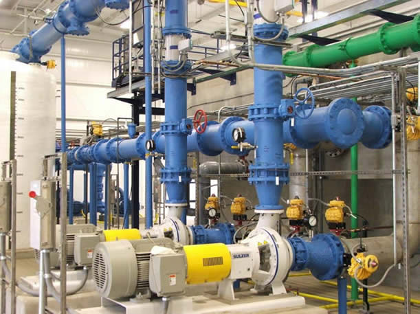 Interior of a completed water treatment plant pump room, Bronze Oak project